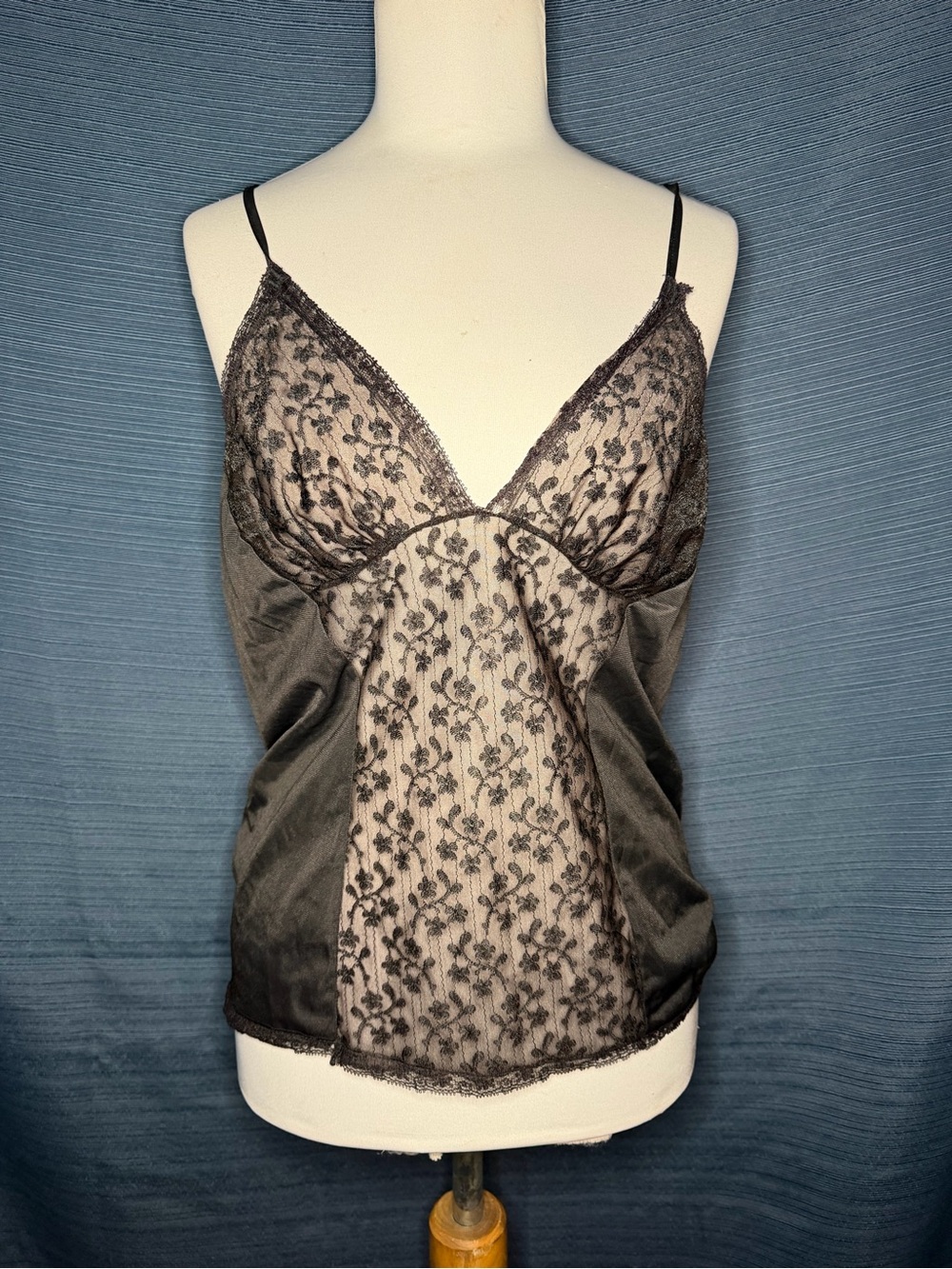 Vintage Black Lace Satin Chemise Camisole with Sheer Floral Panel